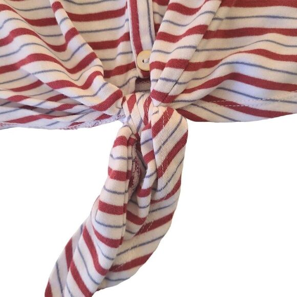 Cupio Womens Blouse Front Tie Button Short Sleeve Stripes Red Medium - Picture 6 of 11